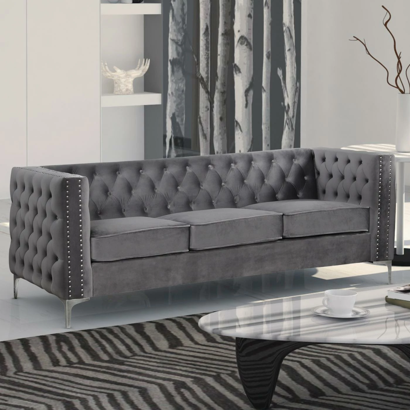 Wholesale π Best Master Furniture Sofas Frieda Tufted Velvet Upholstered Sofa, Grey π - Image 2