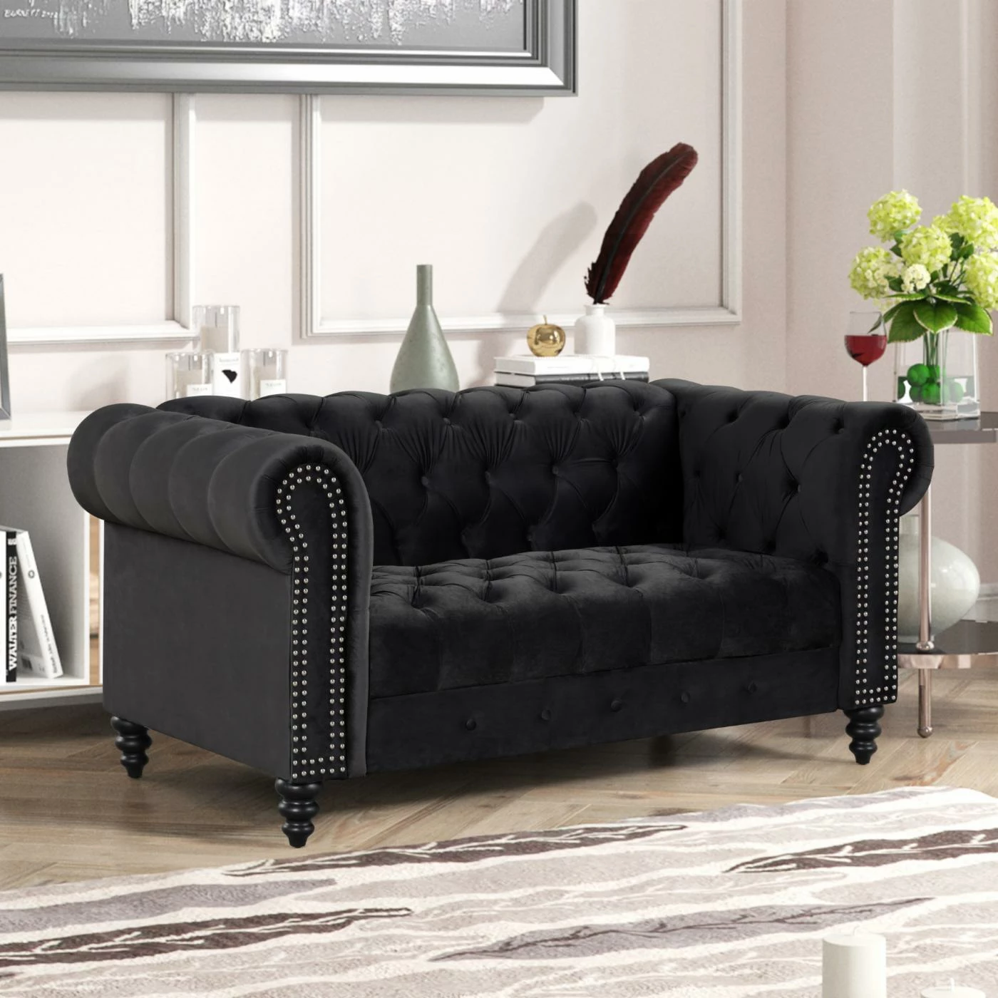 Budget π Best Master Furniture Loveseats Felix Tufted Velvet Upholstered Loveseat, Black π - Image 2