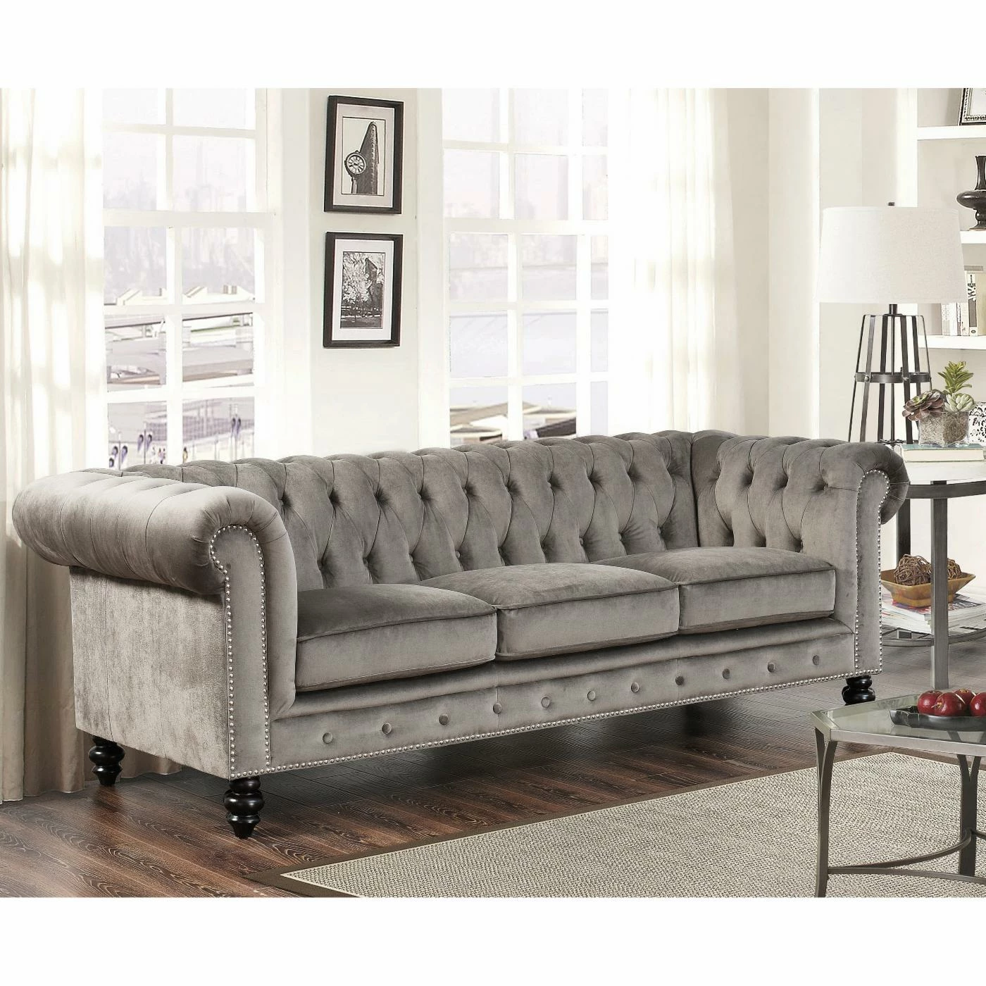 Best Sale 🎁 Sofas Abbyson Grand Chesterfield Gray Velvet Sofa 🥰