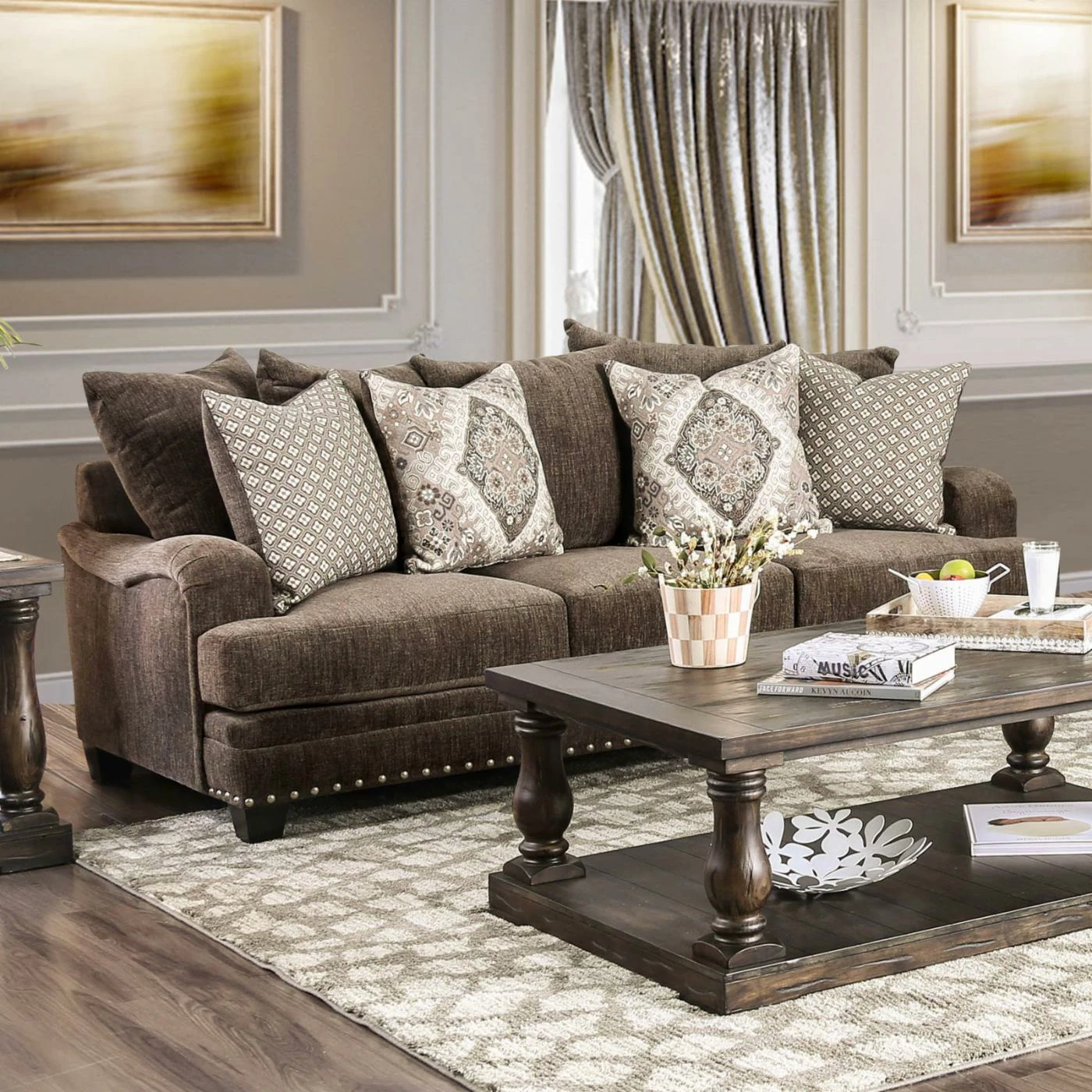 Discount 🛒 Sofas Furniture Of America Mitchell Brown Chenille Nailhead Sofa 👍