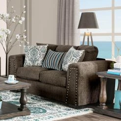 Outlet ❤️ Loveseats Furniture Of America Barrington Brown Chenille Nailhead Loveseat 😍