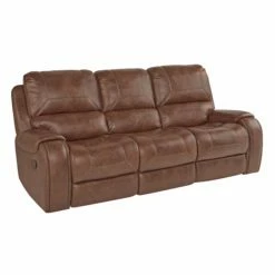 Cheap 👏 Sofas Roundhill Furniture Achern Brown Leather Nailhead Manual Reclining Sofa With Storage Console And USB Port 🎉