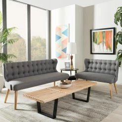 Hot Sale 🌟 Sofa Sets Baxton Studio Melody Mid-Century Modern Natural Wood 2 Piece Settee Set With Gray Fabric 😀