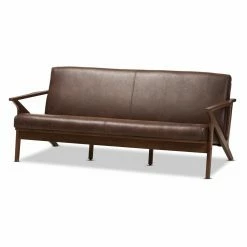Best Sale 🛒 Sofas Baxton Studio Bianca Walnut Wood Dark Brown Distressed Faux Leather 3 Seater Sofa 🌟