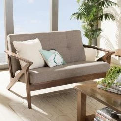 Cheap 😀 Loveseats Baxton Studio Bianca Walnut Wood Light Gray Fabric Tufted 2 Seater Loveseat 💯