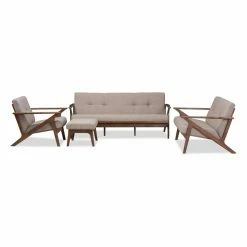 Outlet 🎁 Sofa Sets Baxton Studio Bianca Walnut Wood Light Gray Fabric Tufted Livingroom Sofa Set 🎁