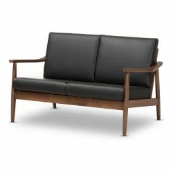 Best Pirce 🎉 Loveseats Baxton Studio Venza Walnut Wood Black Faux Leather 2 Seater Loveseat 🔔