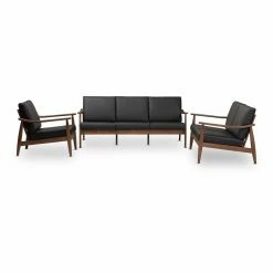 Top 10 🛒 Sofa Sets Baxton Studio Venza Walnut Wood Black Faux Leather 3 Piece Livingroom Set 👍